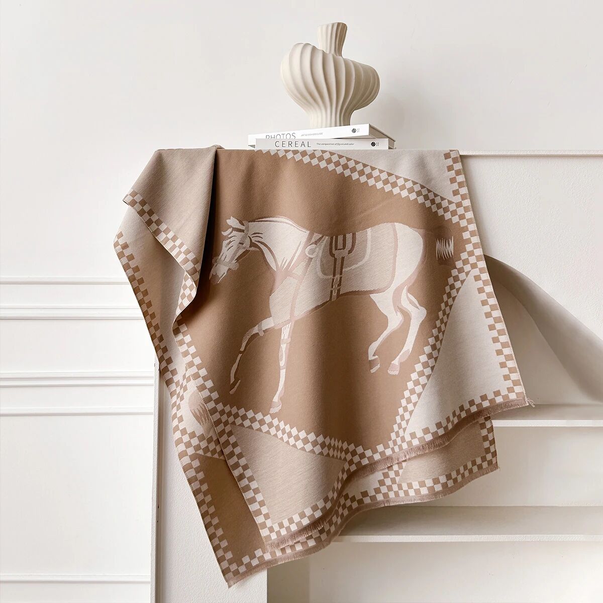 Two Horses Plaid Shawl & Blanket Scarf #print_Beige