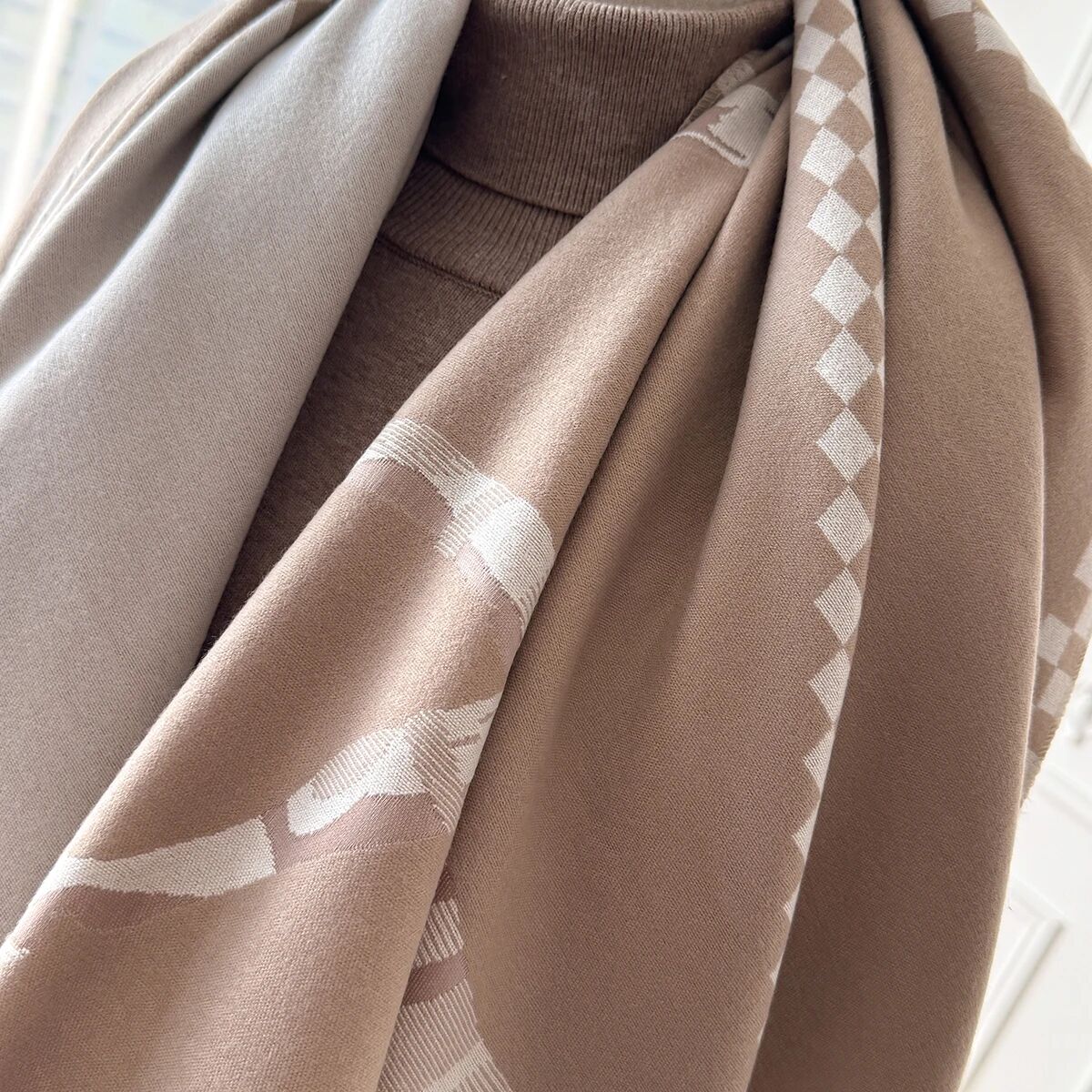 Two Horses Plaid Shawl & Blanket Scarf #print_Beige