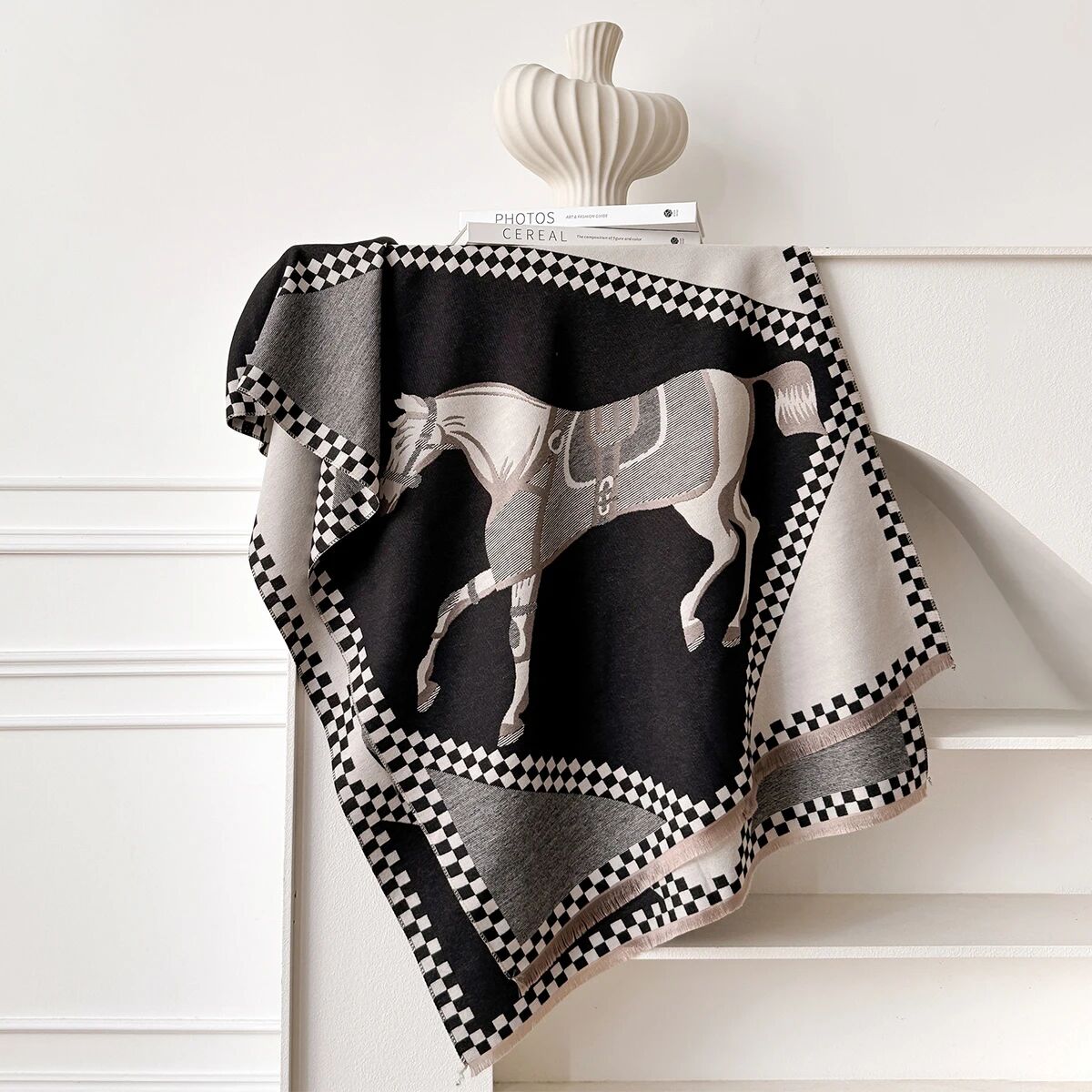 Two Horses Plaid Shawl & Blanket Scarf #print_Black