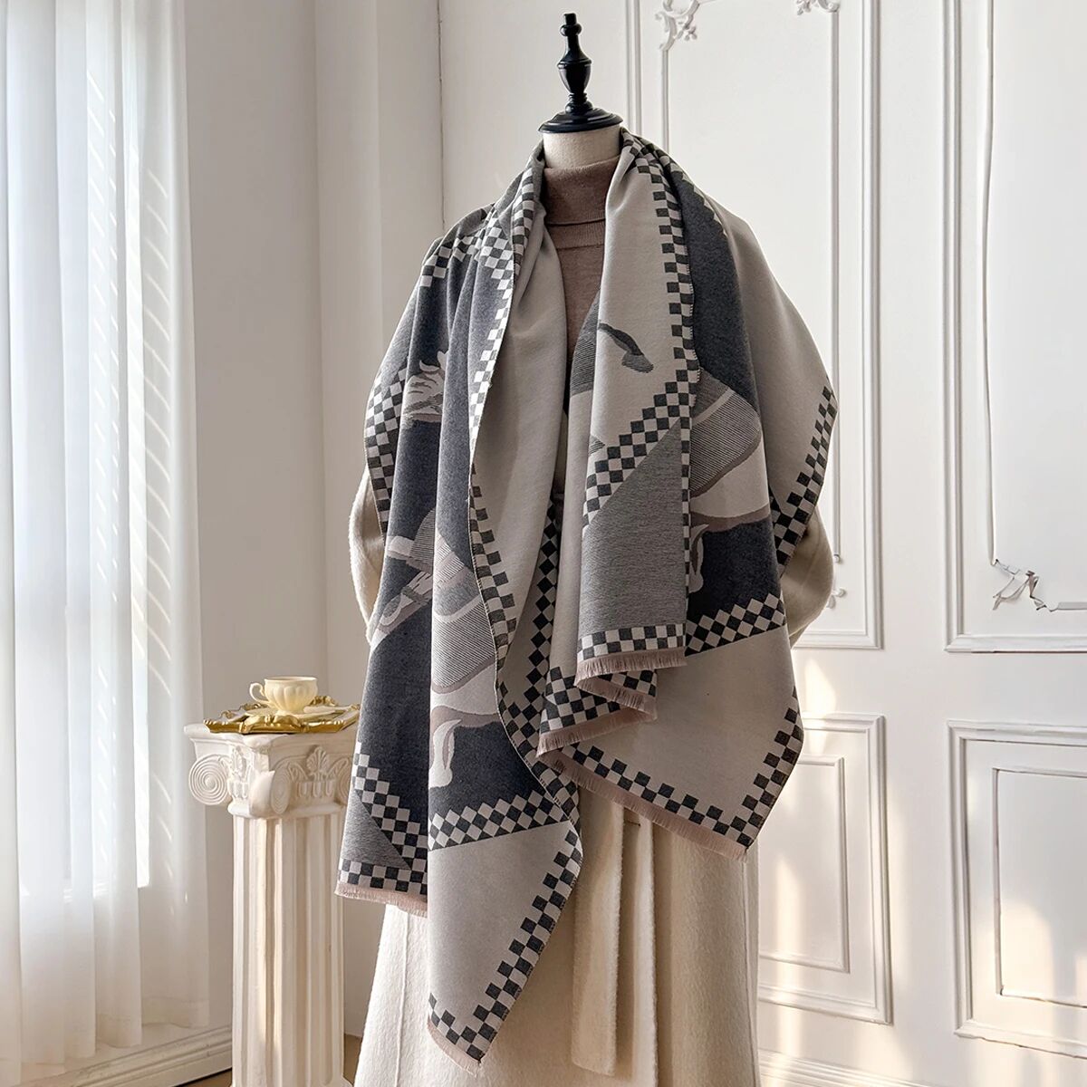 Two Horses Plaid Shawl & Blanket Scarf #print_Grey