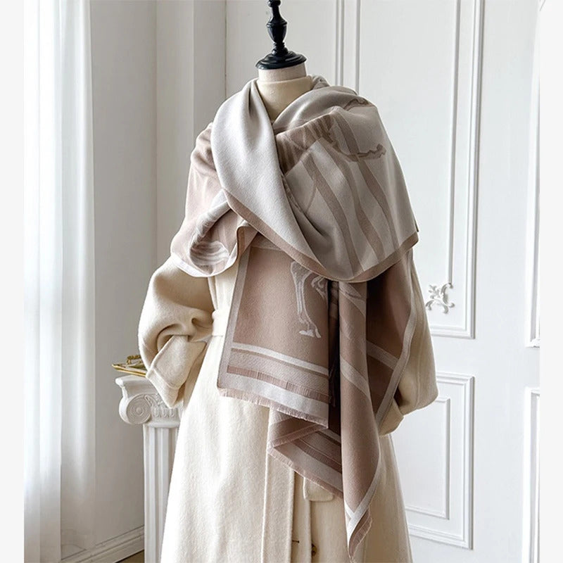 Two Horses Shawl & Blanket Scarf #print_Beige / Brown