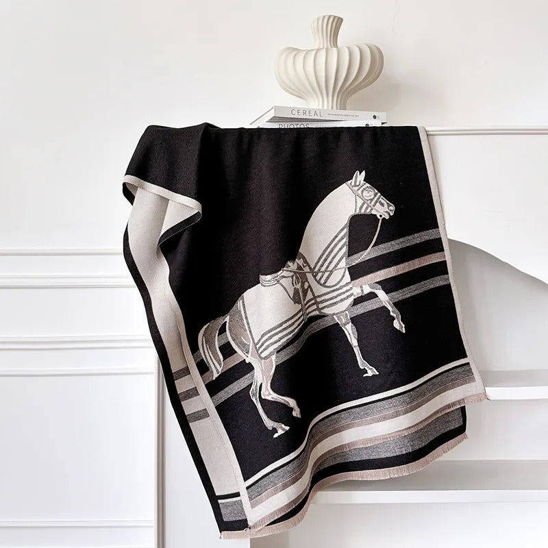 Two Horses Shawl & Blanket Scarf #print_Black / Beige