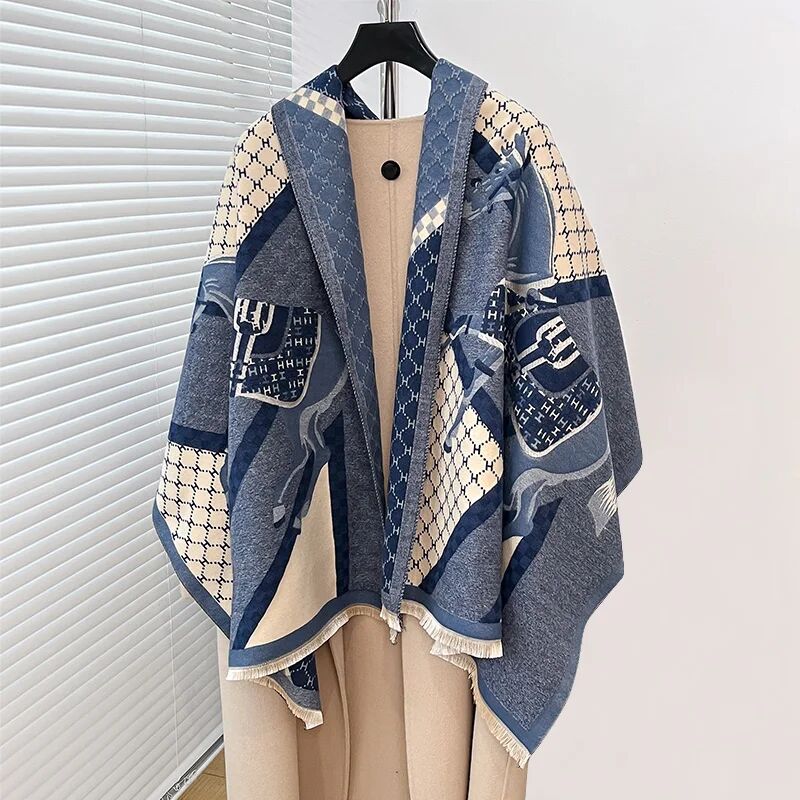 Two Horses Shawl & Blanket Scarf #print_blue / beige