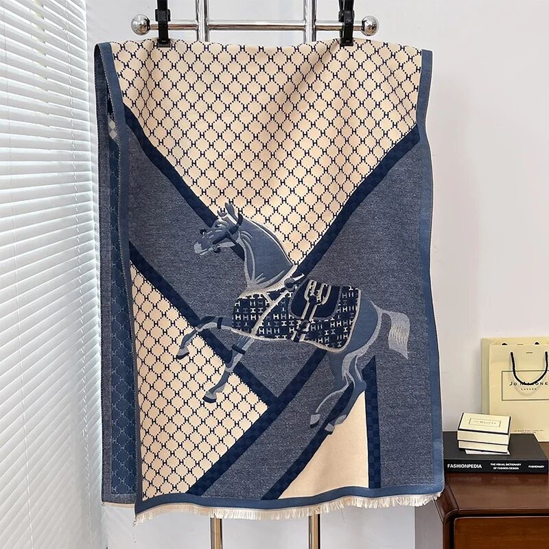 Two Horses Shawl & Blanket Scarf #print_blue / beige