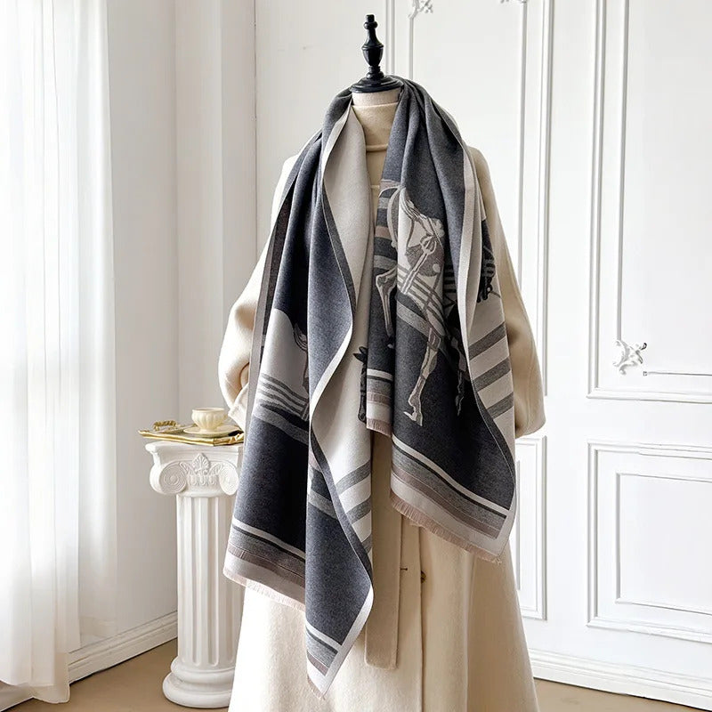 Two Horses Shawl & Blanket Scarf #print_Grey / Silver