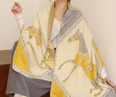 #color_ Yellow Beige Grey | Relhok Scarf with Two Horses - Yellow Beige Grey - yellow2