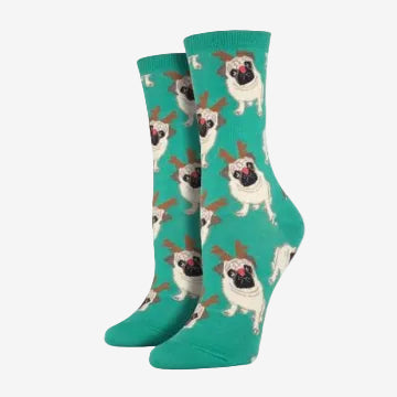 Socksmith Antler Pug Green Socks for Women #print_Green