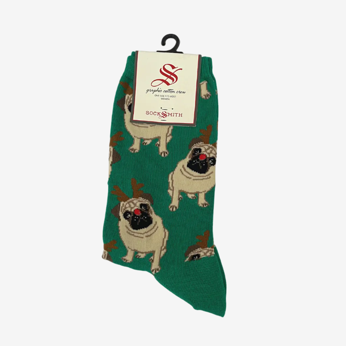 Socksmith Antler Pug Green Socks for Women #print_Green