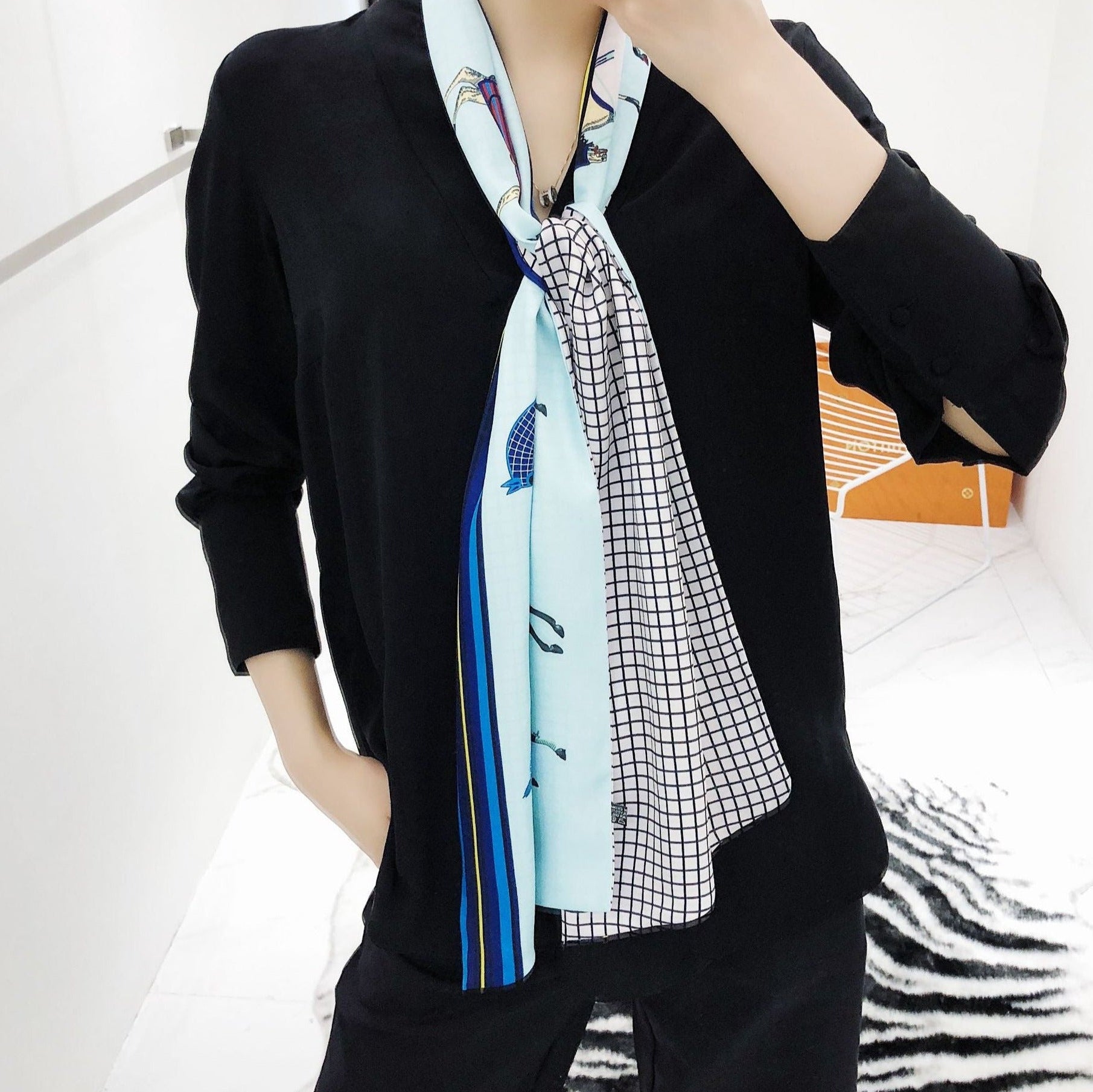 Long Horses In blankets Scarf #color_Blue with light grey check lining