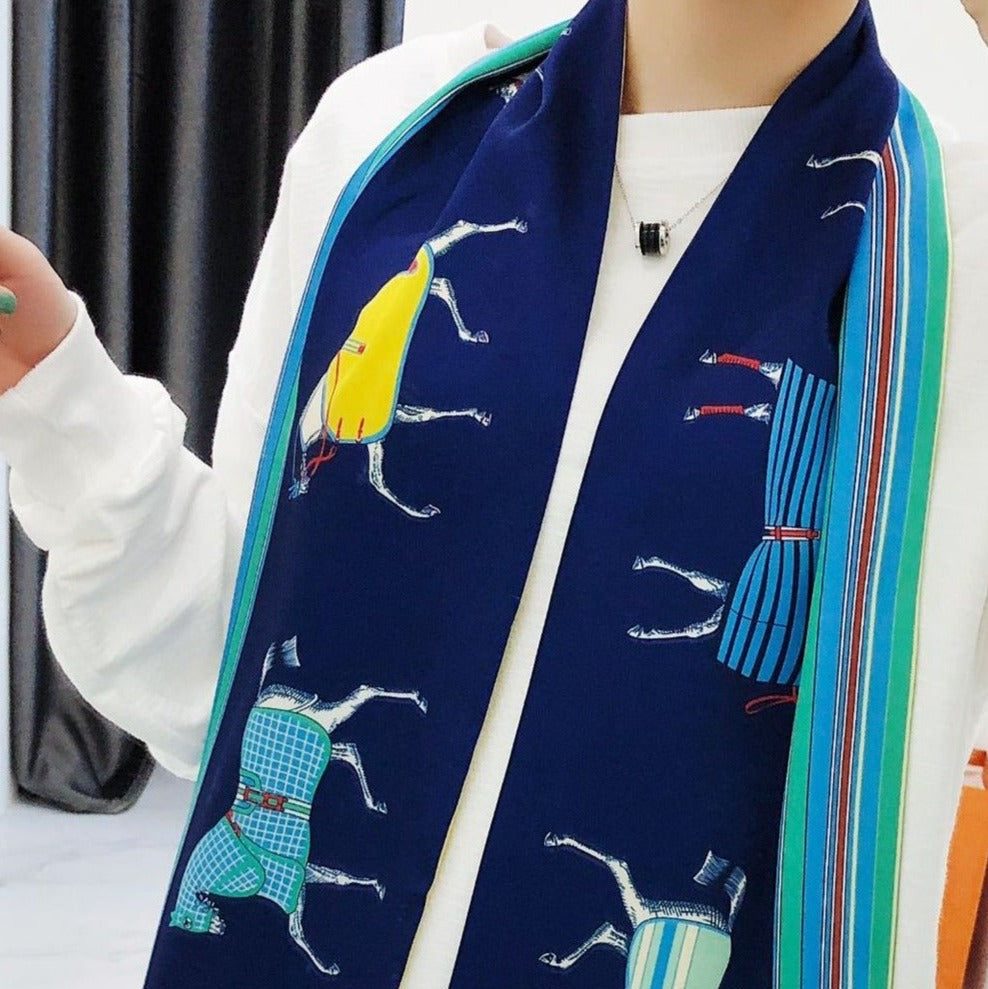 Long Horses In blankets Scarf #color_Navy with yellow check lining