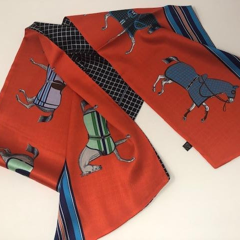 Long Horses In blankets Scarf #color_Orange with black check lining