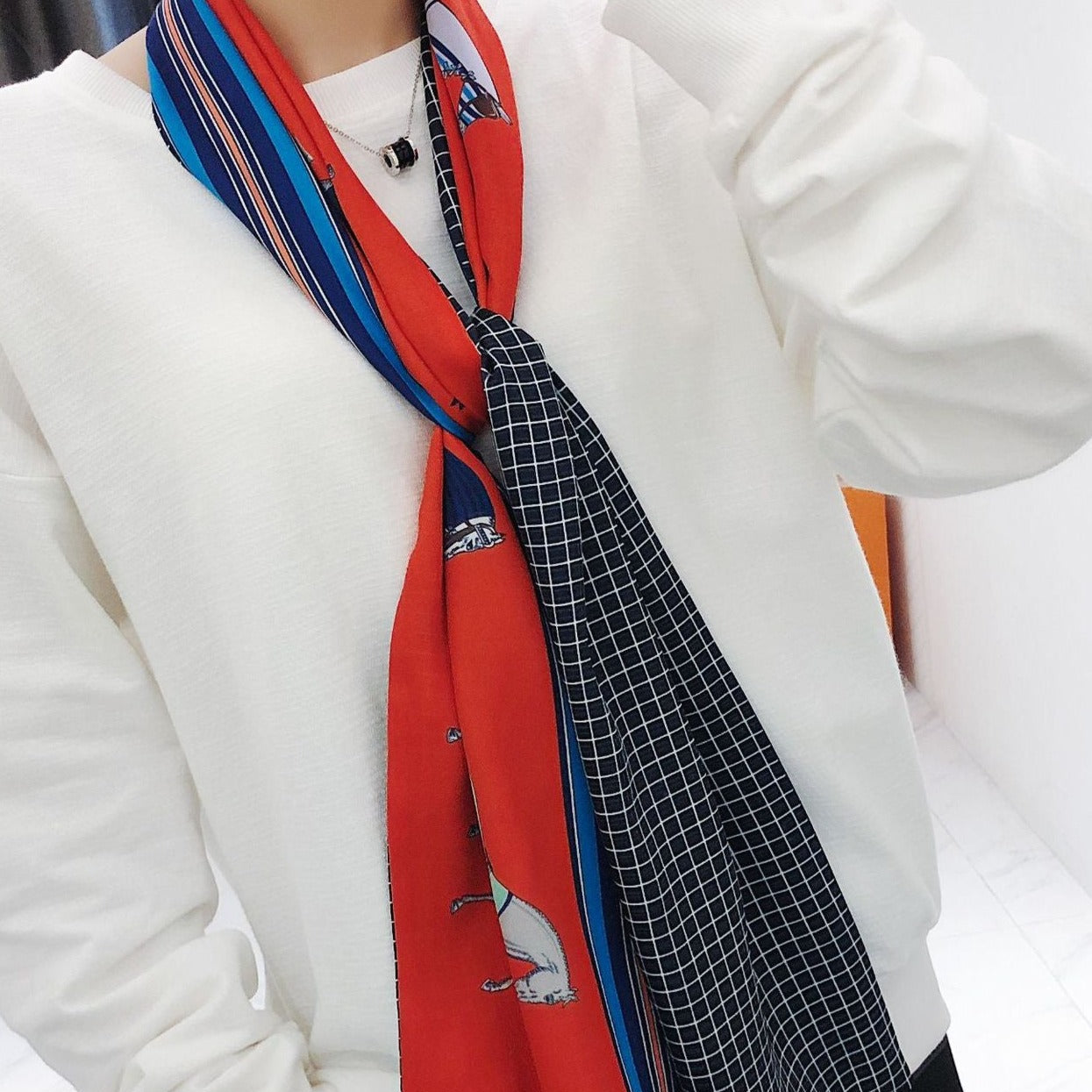 Long Horses In blankets Scarf #color_Orange with black check lining 