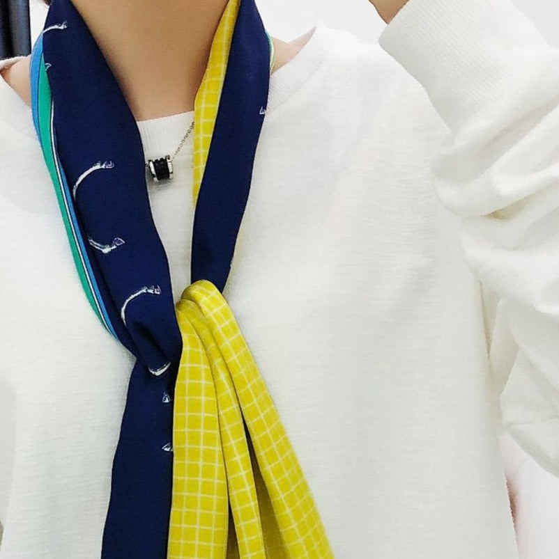 Long Horses In blankets Scarf #color_navy with yellow check lining