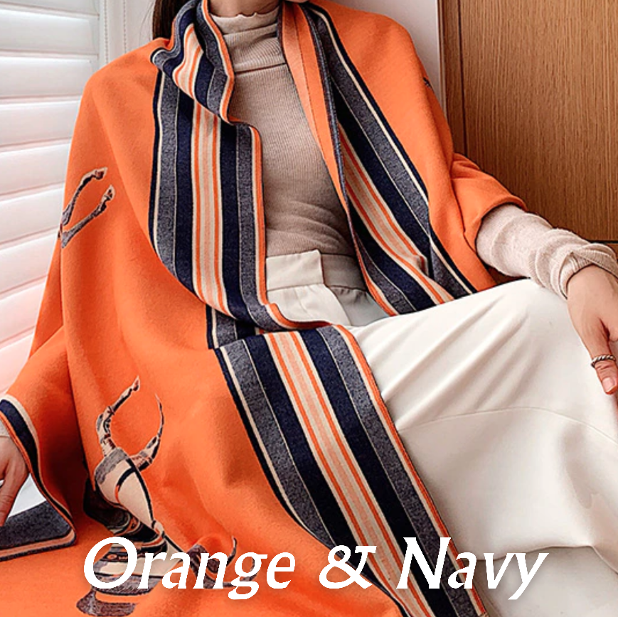 Relhok Horse scarf - Four Horses #color_Orange and Navy