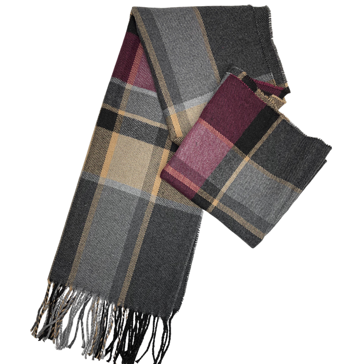 Relhok Plaid Scarf #color_Grey Beige and Burgundy
