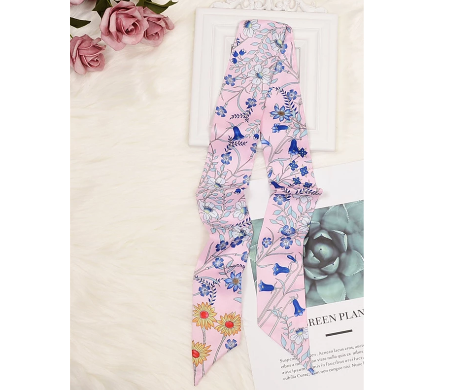 Relhok Handbag Skinny Scarf - Flowers Blue Pink - pink_with_flowers