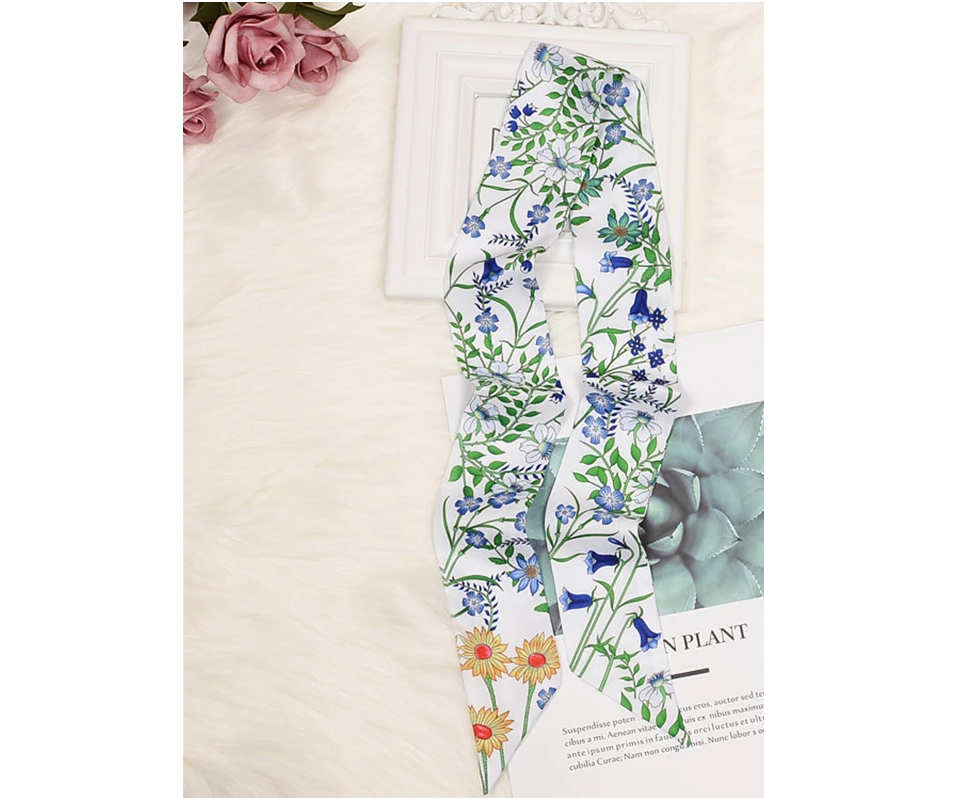 Relhok Handbag Skinny Scarf - Flowers Blue Green White - white_with_flowers